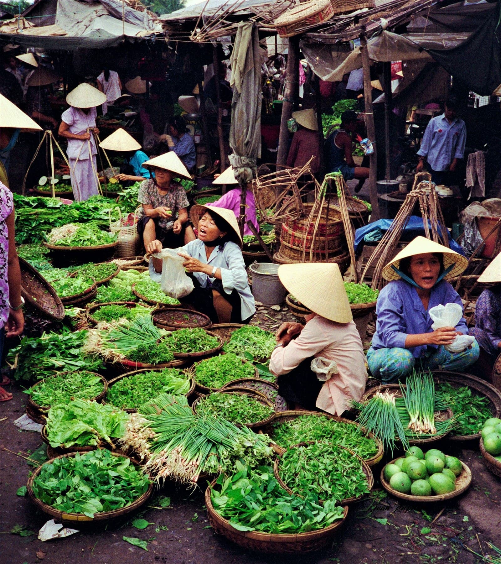 Vendors in conical hats trading herbs and greens from woven baskets at a morning market